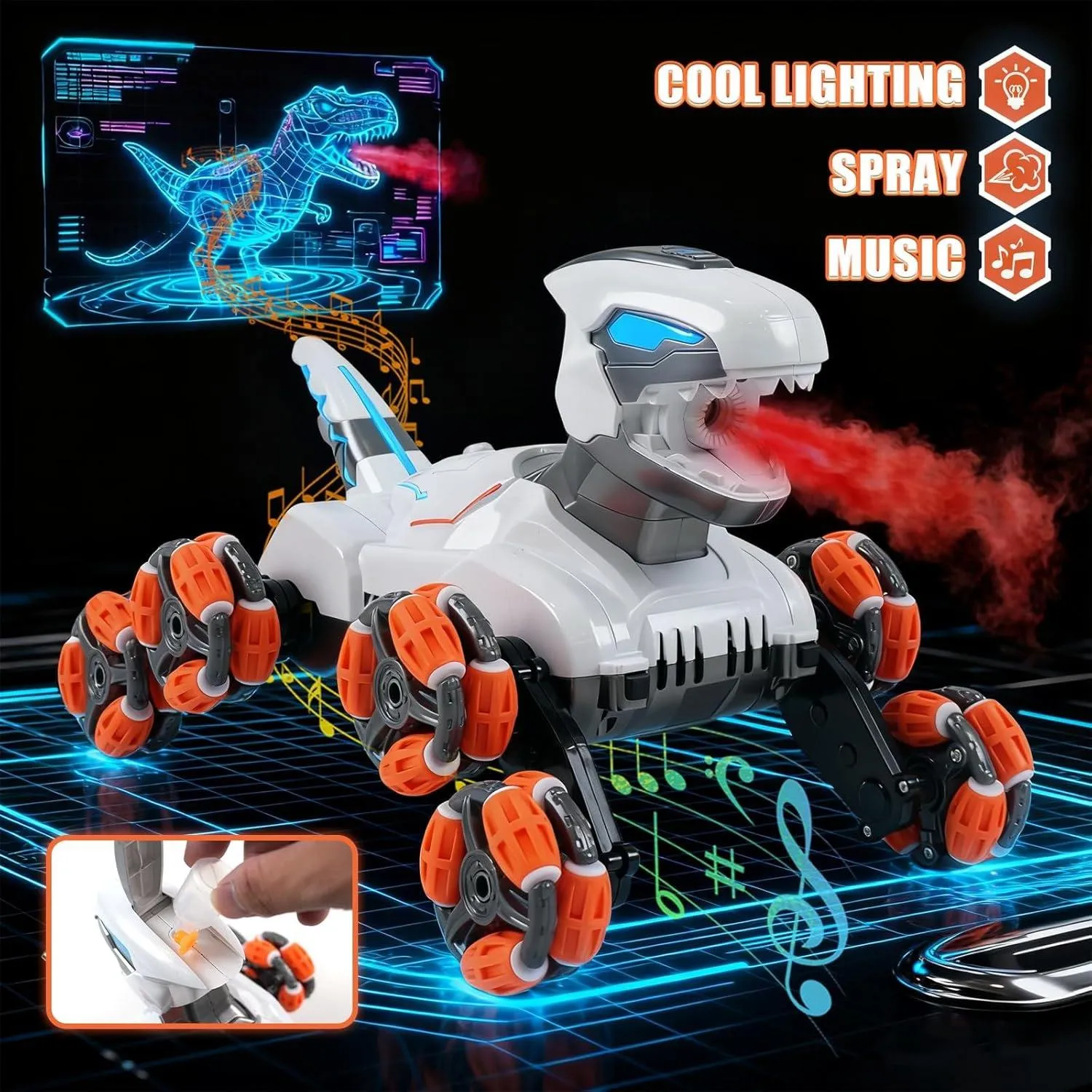 Remote Control Spray Dinosaur Robot Toy | 6 Wheel RC Stunt Car